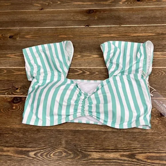 NWT Kenny Flowers The Lanai Sleeved Bikini TOP Sz Medium Light Blue Teal & White - Picture 6 of 6